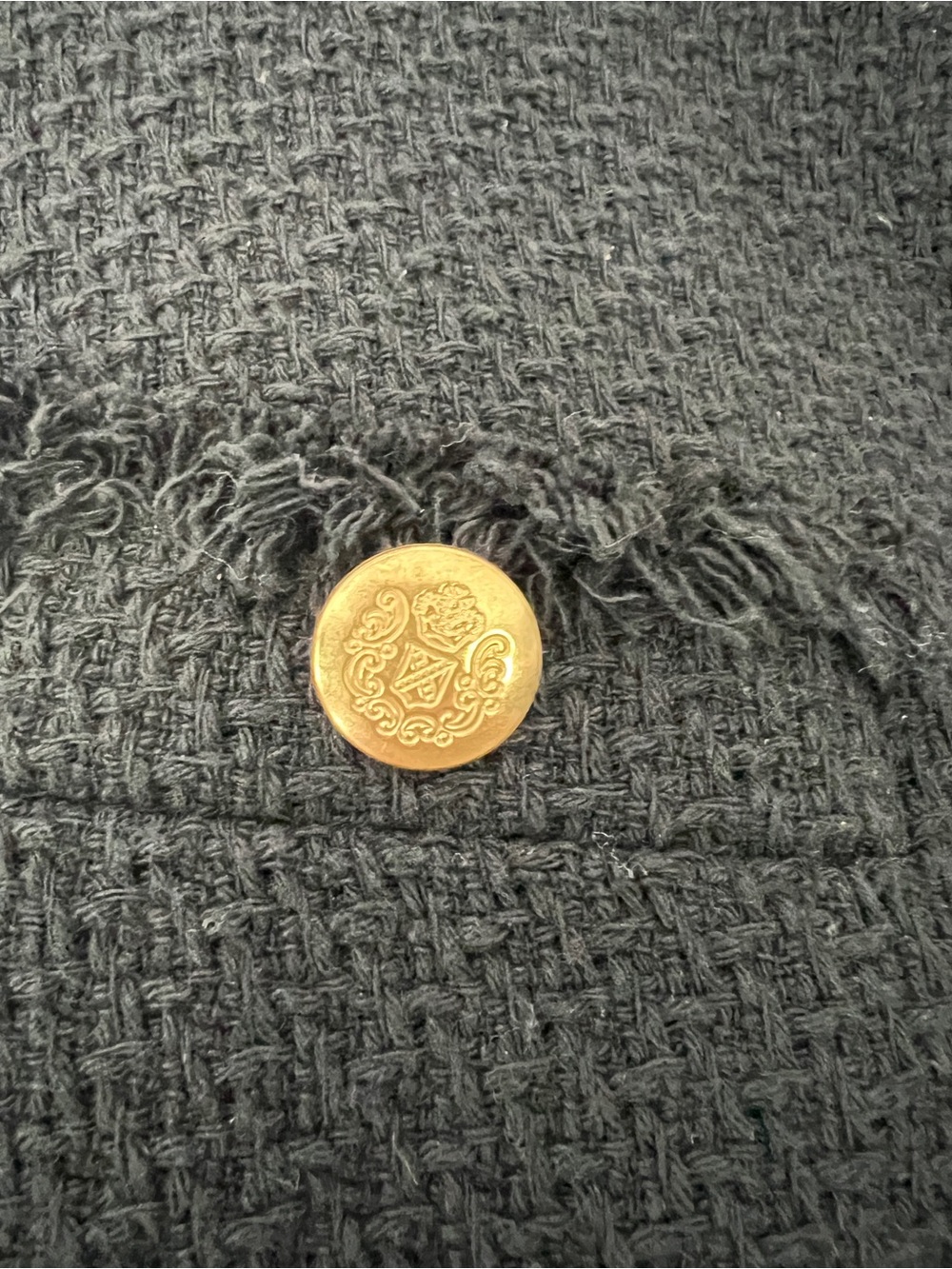 Mango Black Tweed Jacket Gold Crest Button Frayed Trim Cropped Blazer Small - Picture 3 of 7